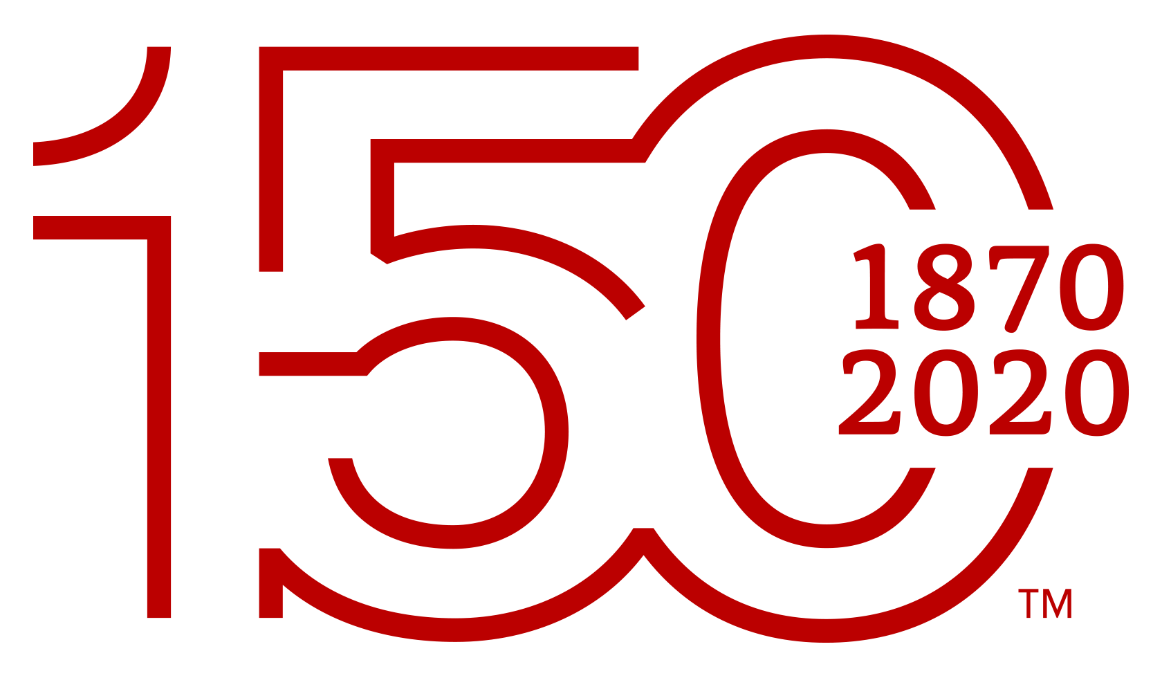 150 in red text with 1870 and 2020 set inside of the text